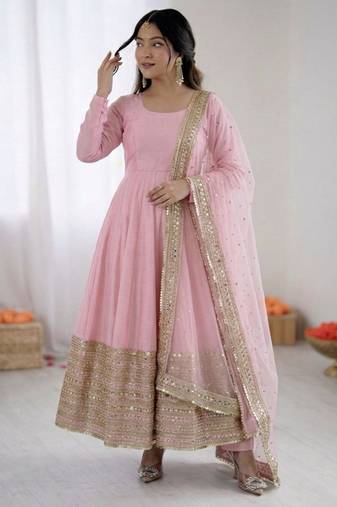 Pink silk blend embroidered anarkali set