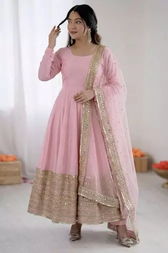 Pink silk blend embroidered anarkali set