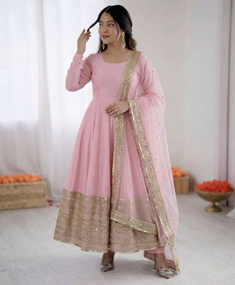 Pink silk blend embroidered anarkali set