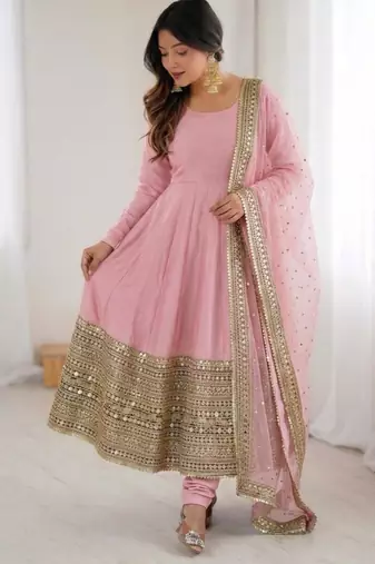 Pink silk blend embroidered anarkali set
