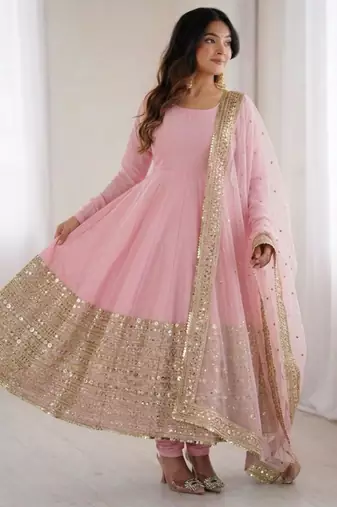 Pink silk blend embroidered anarkali set