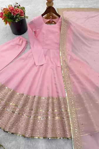 Pink silk blend embroidered anarkali set