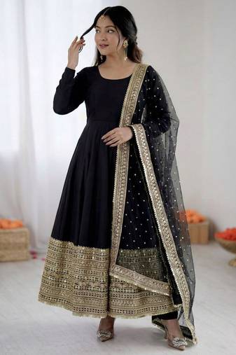 Black silk blend embroidered anarkali set