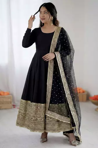 Black silk blend embroidered anarkali set