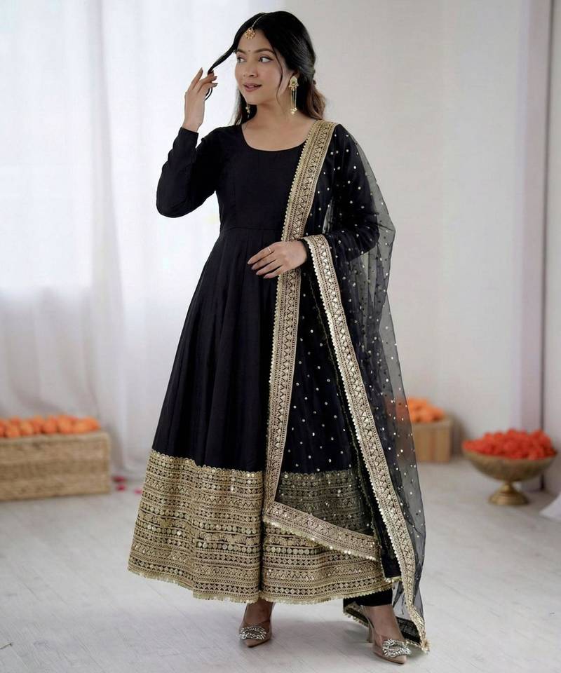 Black silk blend embroidered anarkali set