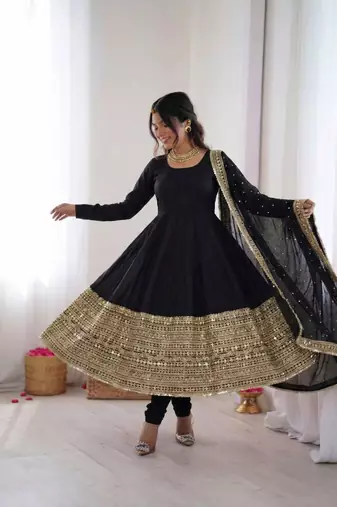 Black silk blend embroidered anarkali set