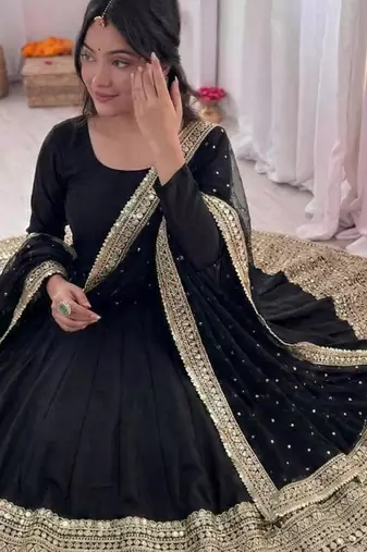 Black silk blend embroidered anarkali set