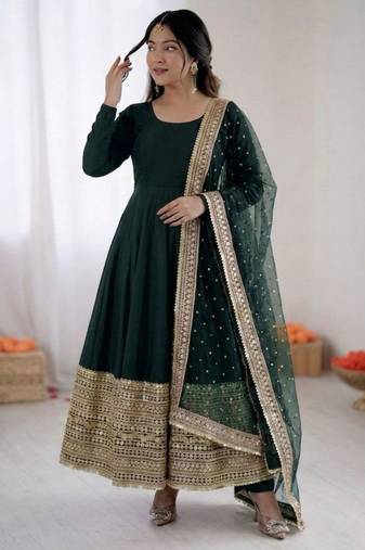 Green silk blend embroidered anarkali set