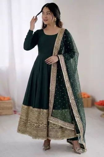 Green silk blend embroidered anarkali set