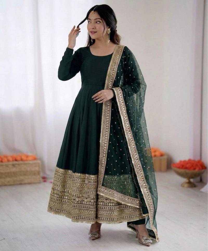 Green silk blend embroidered anarkali set
