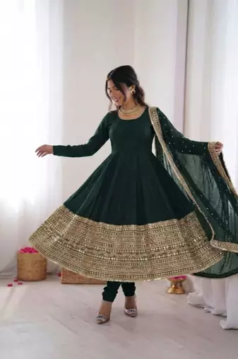 Green silk blend embroidered anarkali set