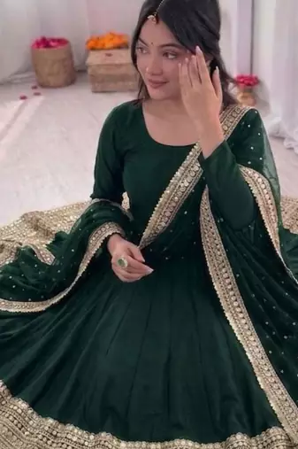 Green silk blend embroidered anarkali set
