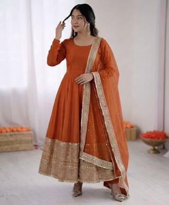 Orange silk blend embroidered anarkali set 1