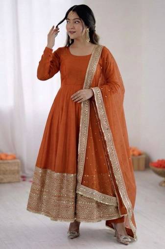 Orange silk blend embroidered anarkali set
