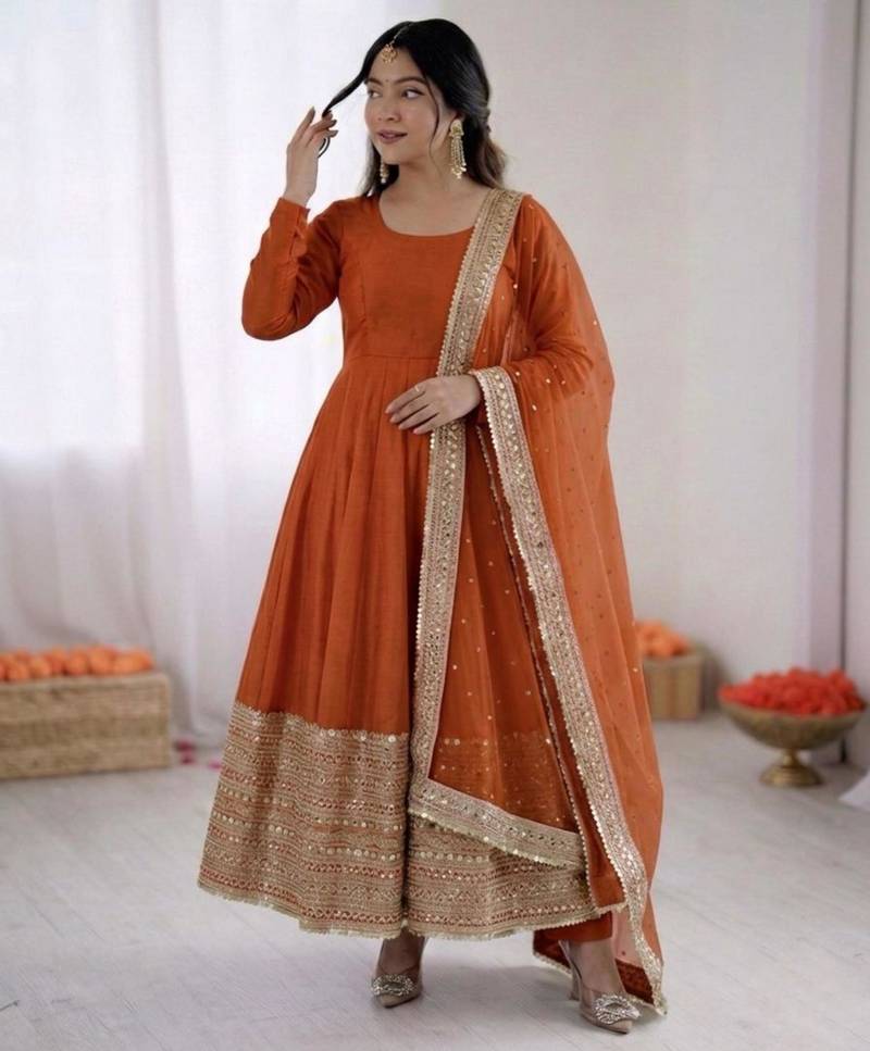 Orange silk blend embroidered anarkali set