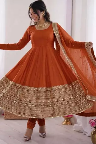 Orange silk blend embroidered anarkali set