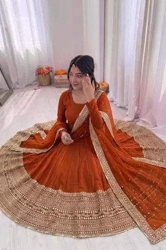 Orange silk blend embroidered anarkali set