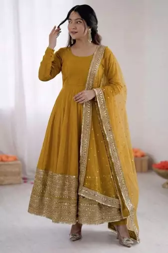 Yellow silk blend embroidered anarkali set