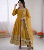 Yellow silk blend embroidered anarkali set