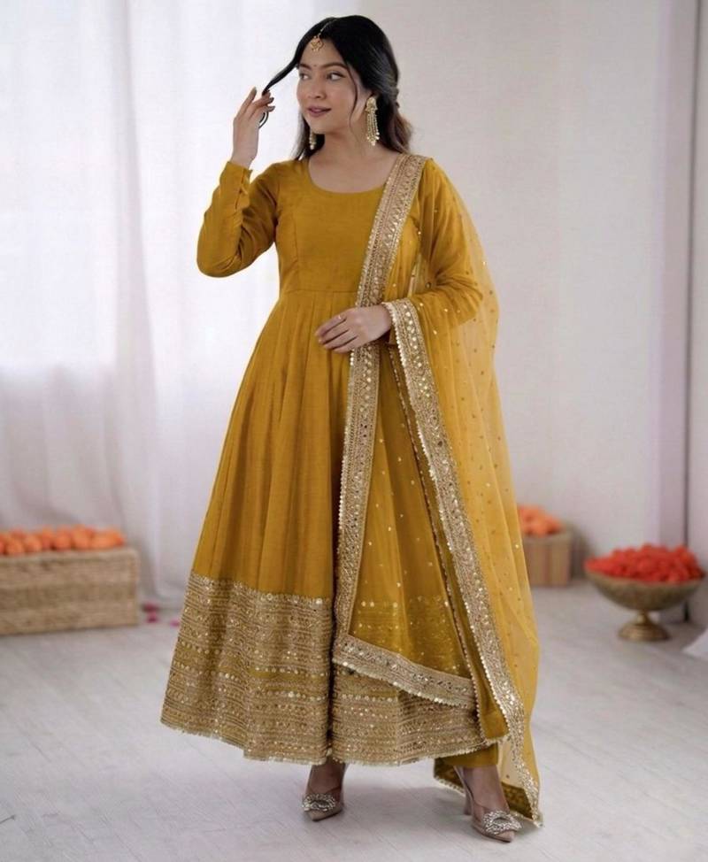 Yellow silk blend embroidered anarkali set