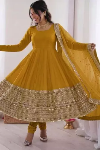Yellow silk blend embroidered anarkali set