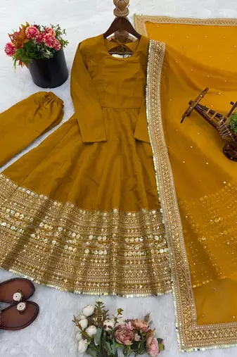 Yellow silk blend embroidered anarkali set