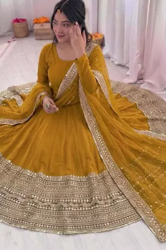 Yellow silk blend embroidered anarkali set