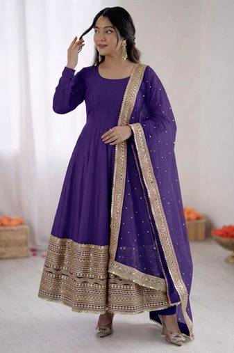 Blue silk blend embroidered anarkali set