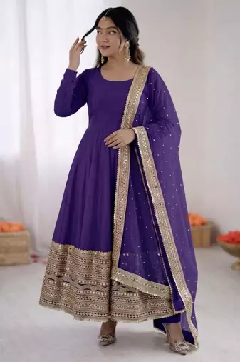 Blue silk blend embroidered anarkali set