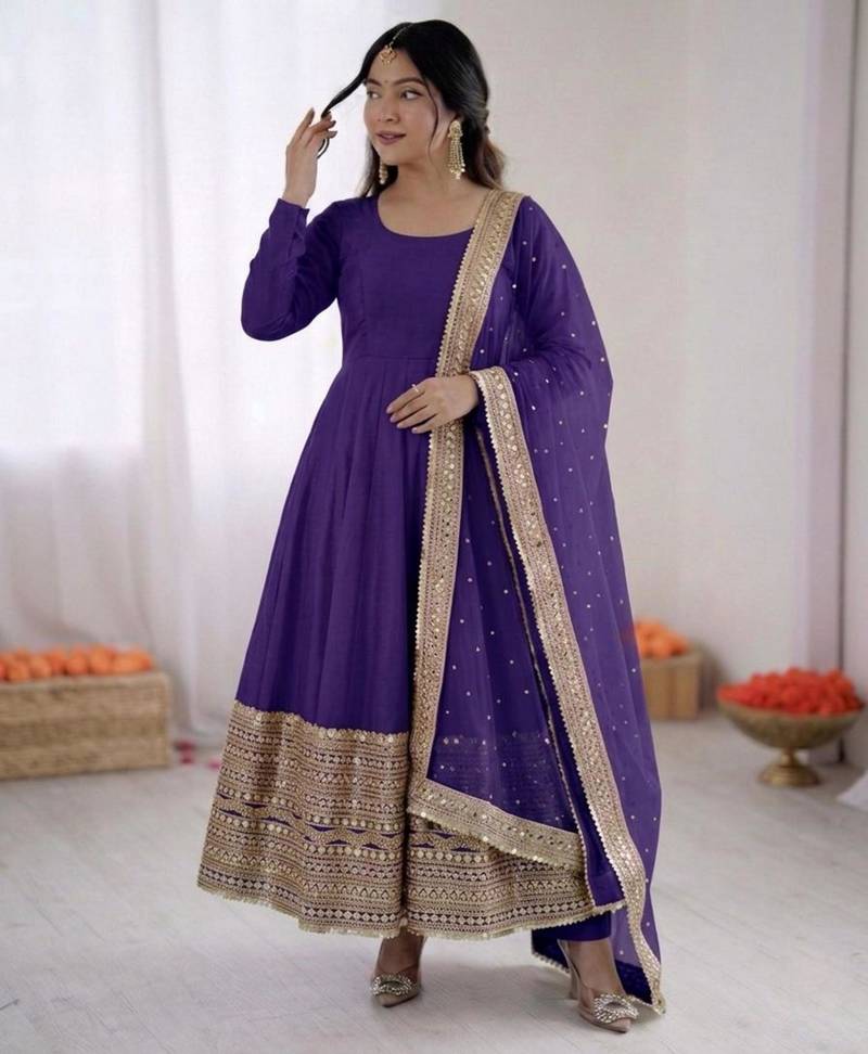 Blue silk blend embroidered anarkali set