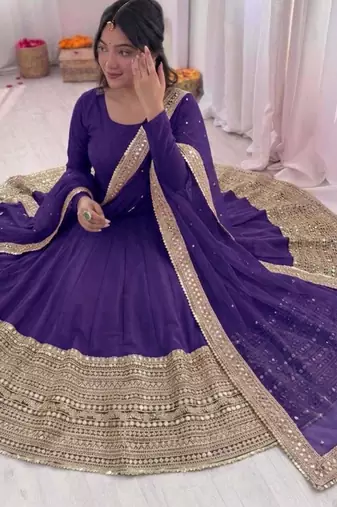 Blue silk blend embroidered anarkali set