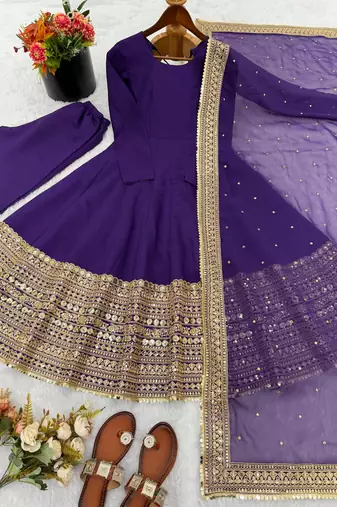 Blue silk blend embroidered anarkali set