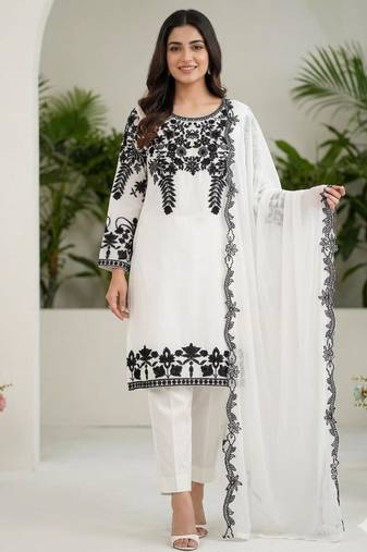 White faux georgette embroidered kurta set