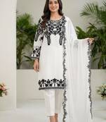 White faux georgette embroidered kurta set