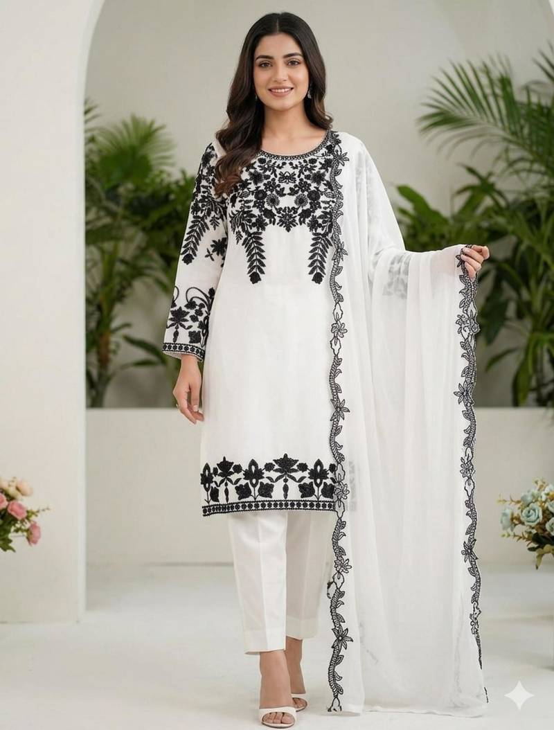White faux georgette embroidered kurta set