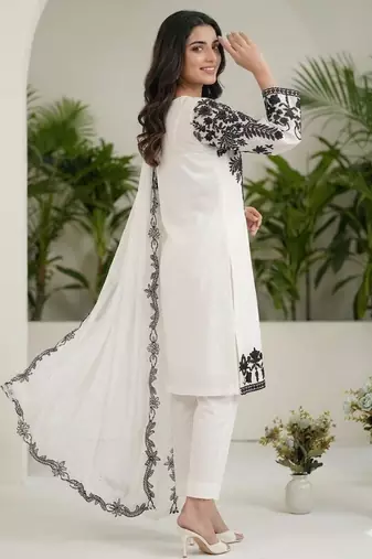 White faux georgette embroidered kurta set