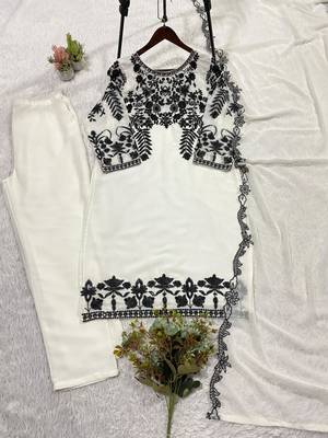 White faux georgette embroidered kurta set 4