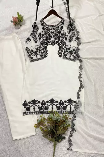 White faux georgette embroidered kurta set