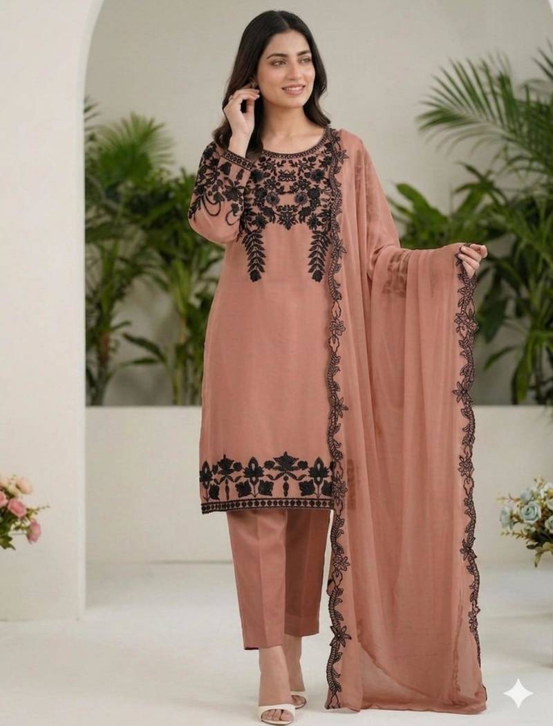 Brown faux georgette embroidered kurta set