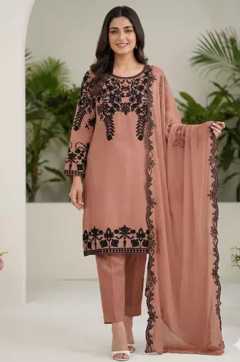Brown faux georgette embroidered kurta set