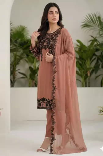 Brown faux georgette embroidered kurta set