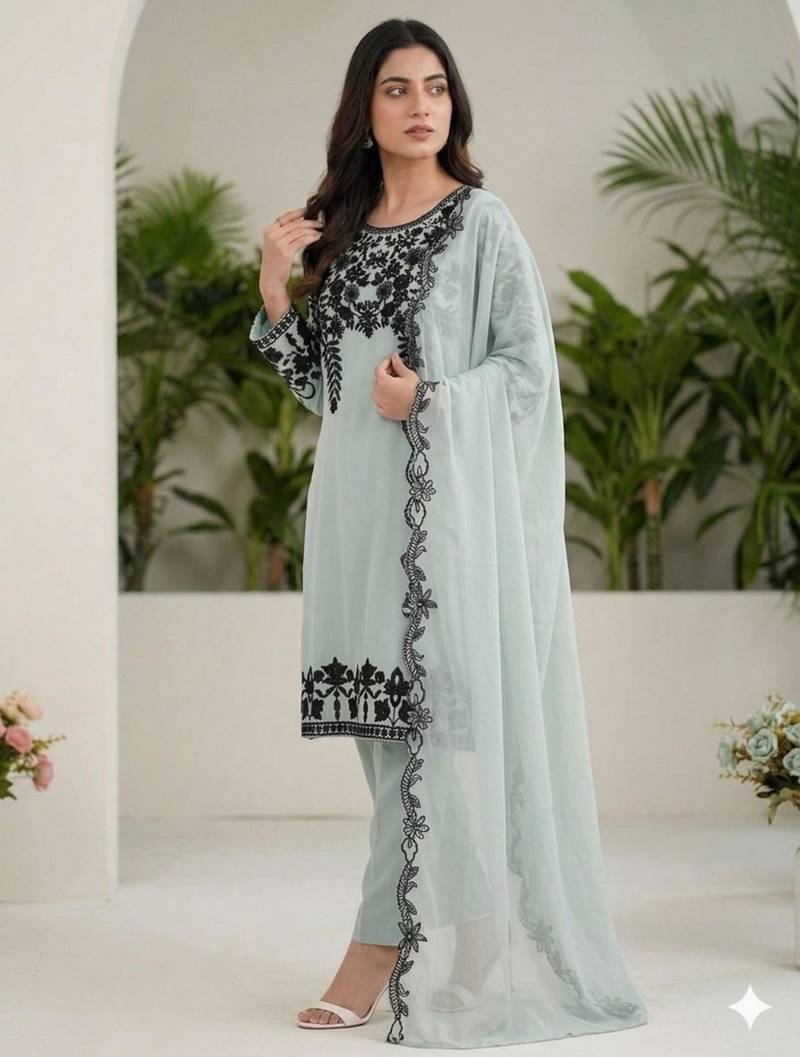 Sea Blue faux georgette embroidered kurta set
