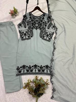 Sea Blue faux georgette embroidered kurta set 4