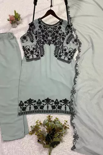 Sea Blue faux georgette embroidered kurta set