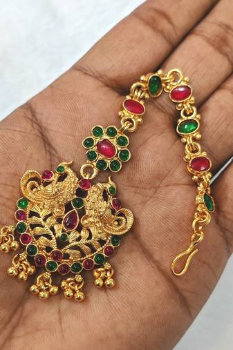 Gold plated maang tikka for women, antique finish south indian temple jewellery