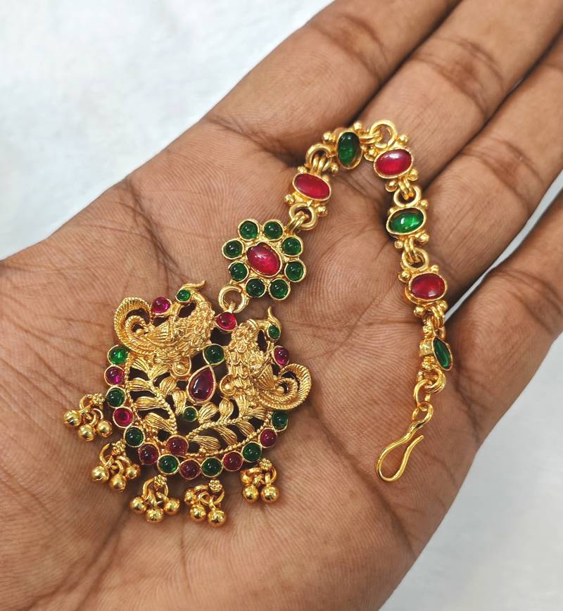 Gold plated maang tikka for women, antique finish south indian temple jewellery