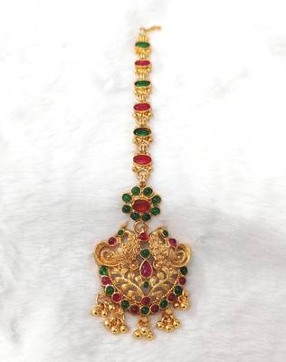 Gold plated maang tikka for women, antique finish south indian temple jewellery 2