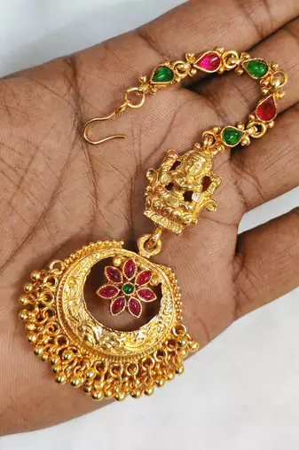 Gold plated maang tikka for women, antique finish south indian temple jewellery 
