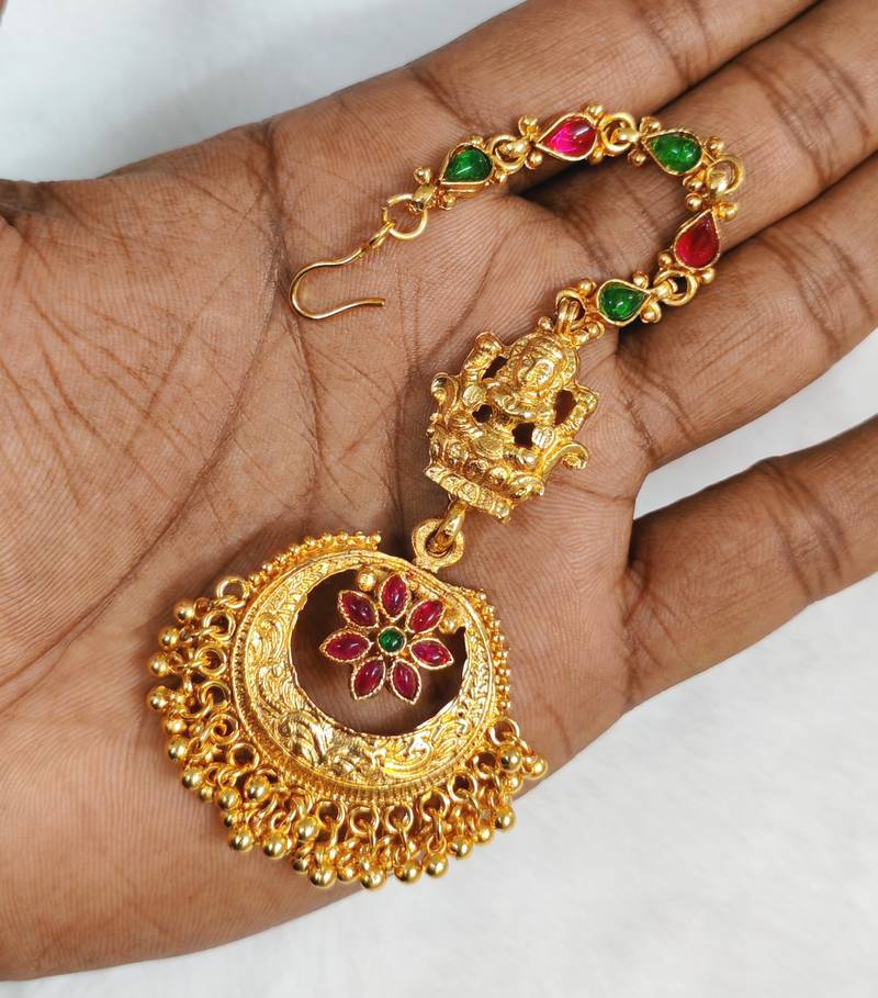 Gold plated maang tikka for women, antique finish south indian temple jewellery 