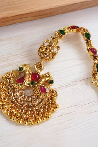 Gold plated maang tikka for women, antique finish south indian temple jewellery 